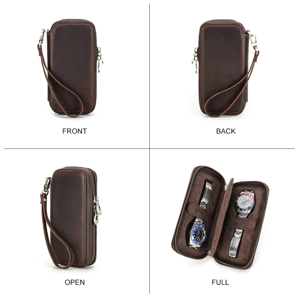 Zippered Crazy Horse Leather Watch Travel Case with Wrist Strap